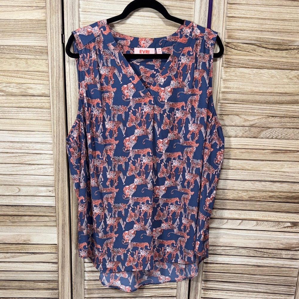 EVRI Navy Blue and Coral Animal Print Sleeveless Blouse